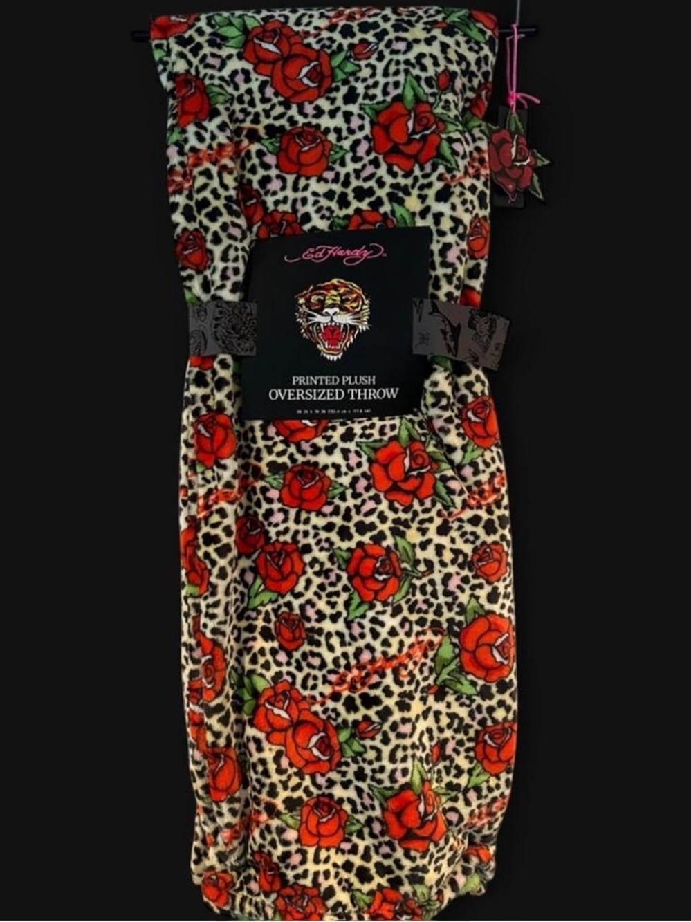 Ed Hardy Rose Leopard Plush Throw Blanket New
